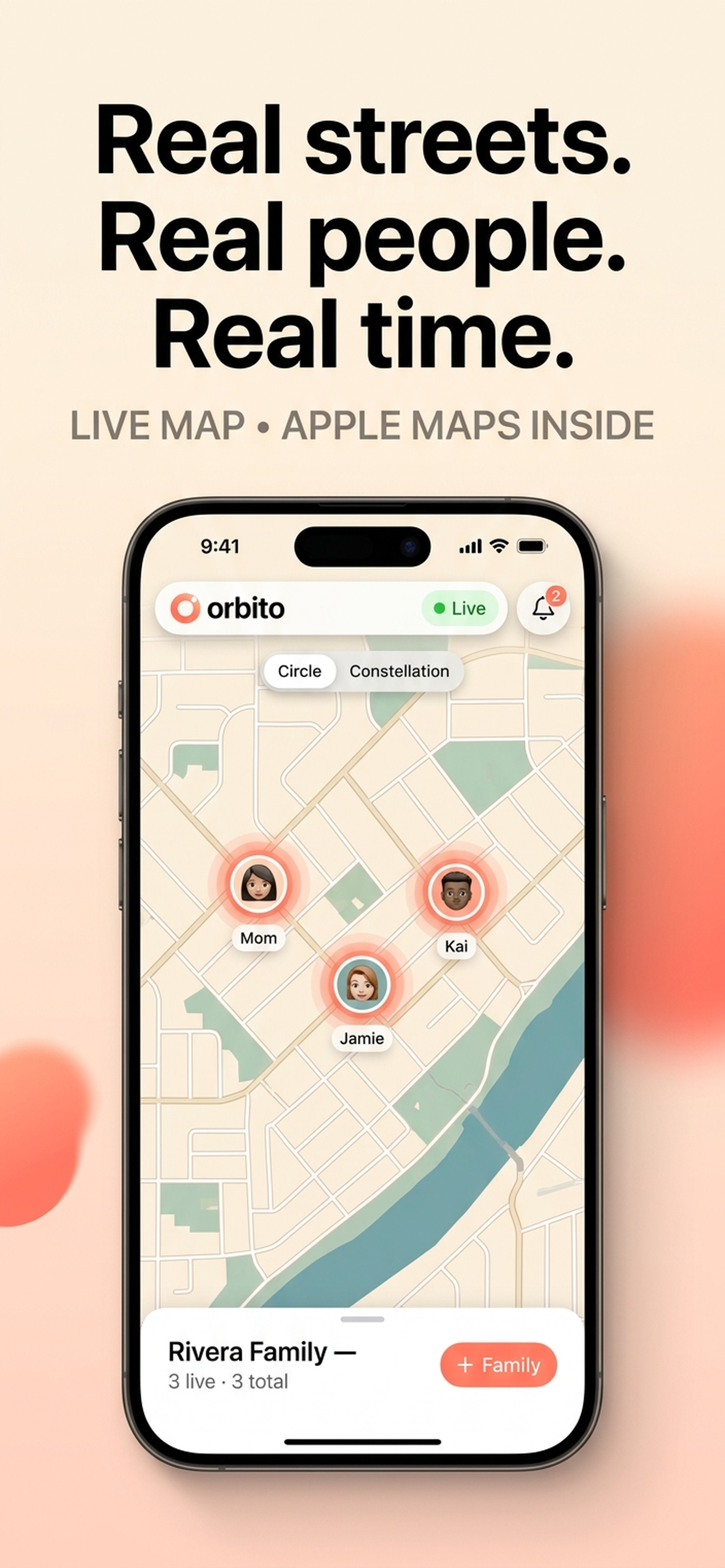 Orbito on iPhone showing real Apple Maps with family orbs