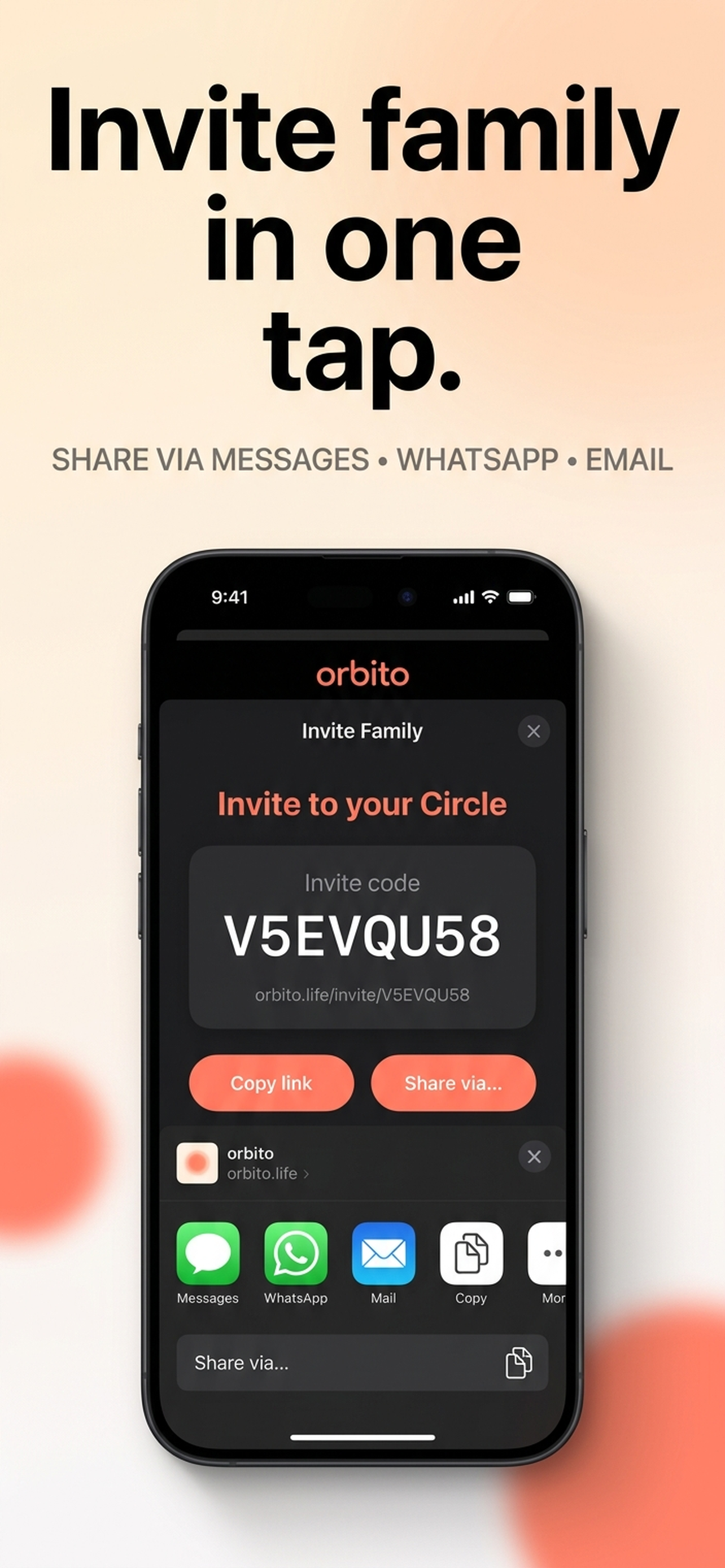 Invite family with one tap via iOS Share Sheet